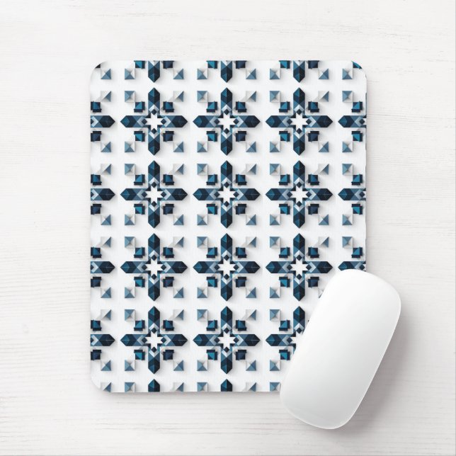 Geometric Abstract Design in Blue and White Mouse Mat (With Mouse)