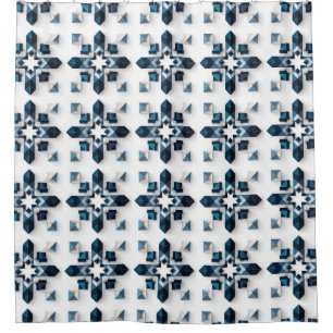 Geometric Abstract Design in Blue and White Shower Curtain