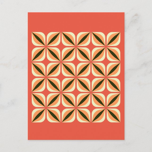 Geometric Abstract Leaves Flowers Orange Red Postcard (Front)