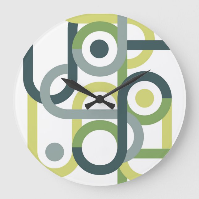 Geometric abstract midcentury beige green throw pi large clock (Front)