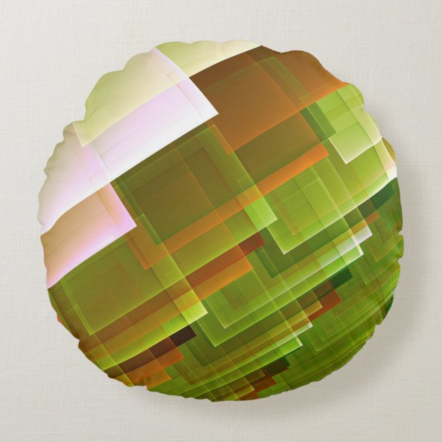 Geometric abstract orange green pattern round cushion (Front)