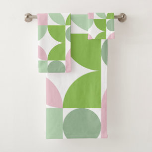 Geometric Abstract Pattern Pink and Green Bath Towel Set