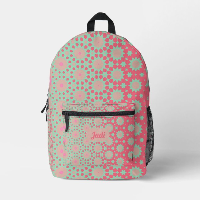 Geometric abstract pink and purple pattern printed backpack (Front)