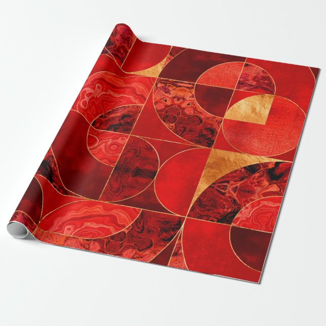 Geometric Abstract - Red textures and Gold Wrapping Paper (Unrolled)