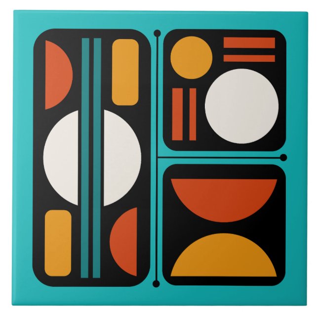 Geometric Abstract Retro Art Turquoise Orange Tile (Front)