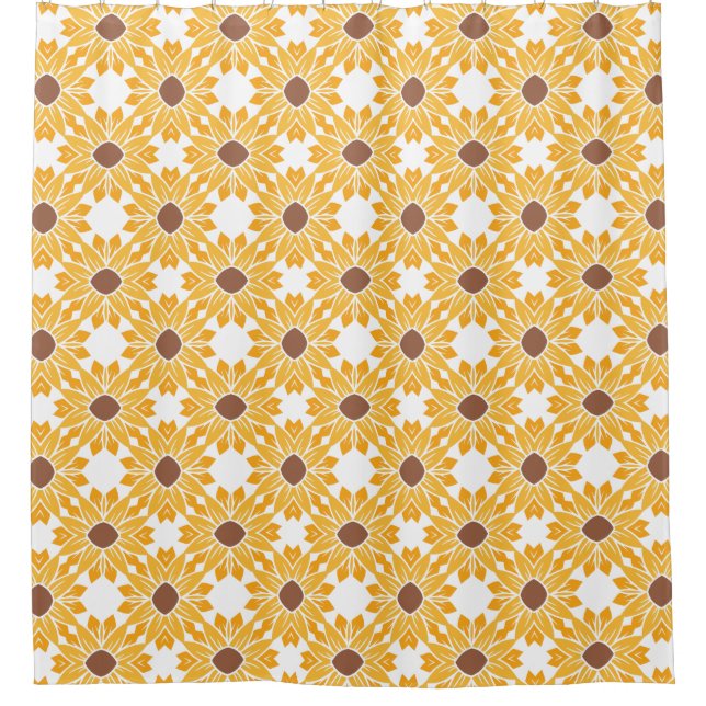 Geometric Abstract Retro Sunflower Pattern White Shower Curtain (Front)