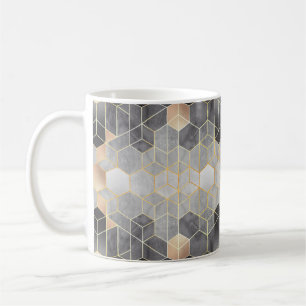 Geometric abstraction of hexagons on a black and w coffee mug