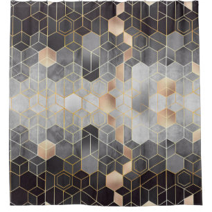 Geometric abstraction of hexagons on a black and w shower curtain