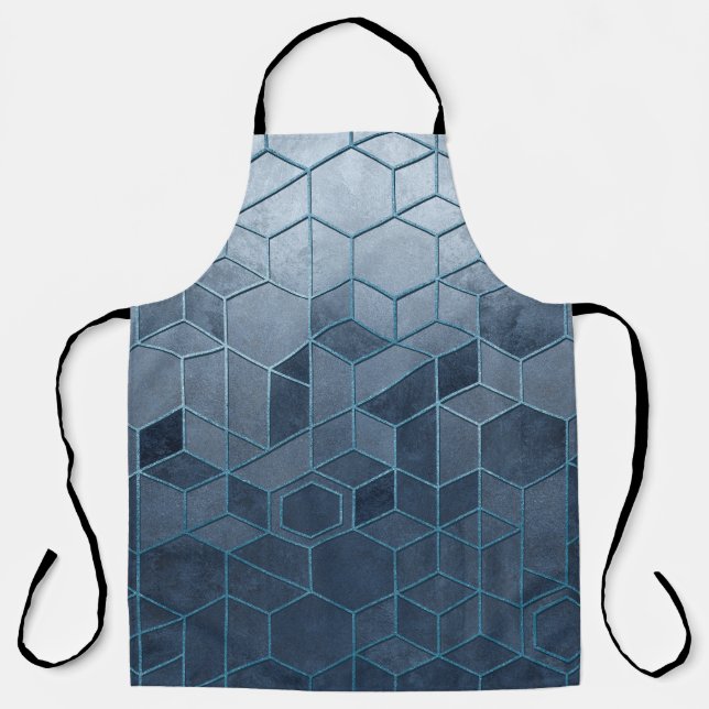 Geometric abstraction of hexagons on a blue relief apron (Front)