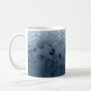 Geometric abstraction of hexagons on a blue relief coffee mug