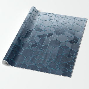 Geometric abstraction of hexagons on a blue relief wrapping paper