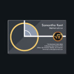 Geometric Algebra Mathematical Shapes Tutor Business Card<br><div class="desc">A grey shades layered column features a mathematical shapes motif. Over at the top corner lies your prestigious name and job title alongside a gold math logo you can use. Towards the base of the card you have the contact details. Overleaf, in a white cover, the gold math logo is...</div>