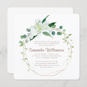 Geometric and Modern White Floral First  Communion Invitation