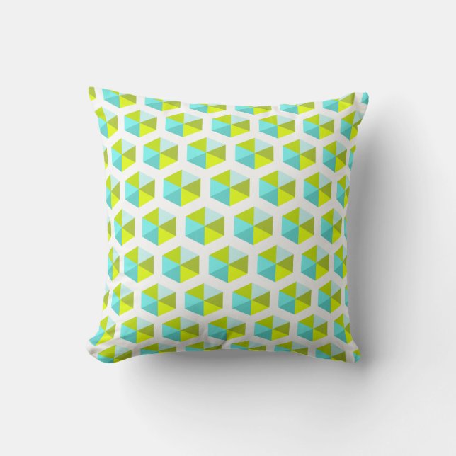 Geometric Aqua Blue and Green Hexagon Pattern Cushion (Front)