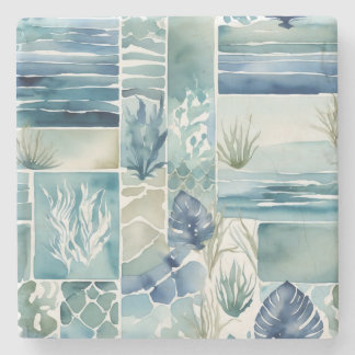 Geometric Aqua Flora Aquarelle Decor Stone Coaster