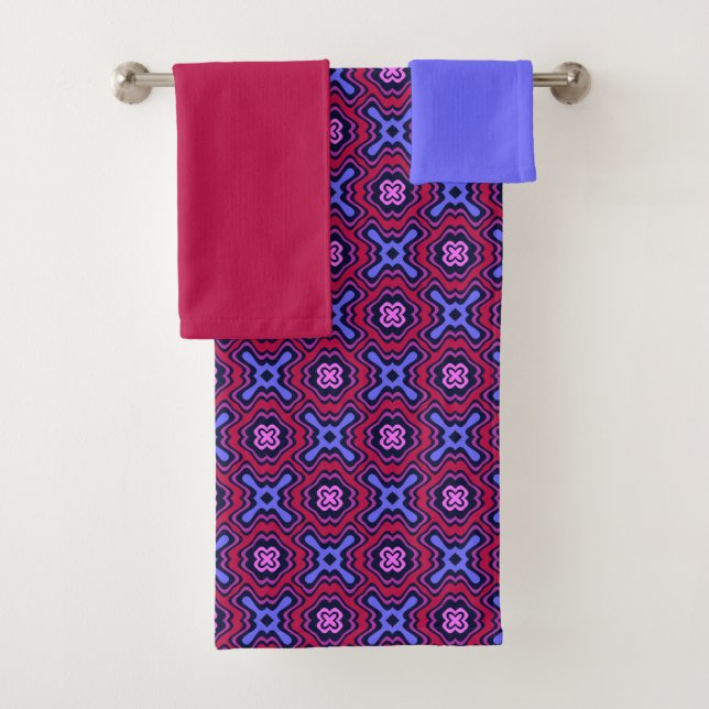 Geometric Arabesque Pattern in Vibrant Pink and Bl Bath Towel Set (Insitu)