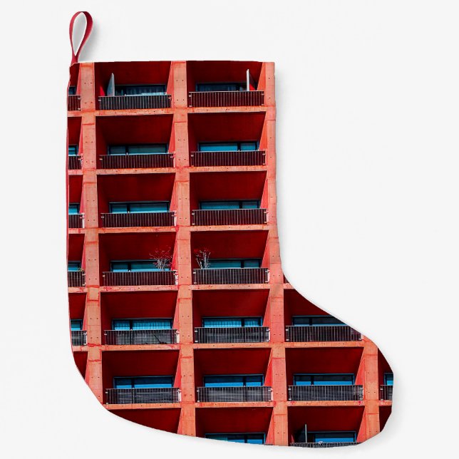 Geometric architectural background of coral colour small christmas stocking (Front)
