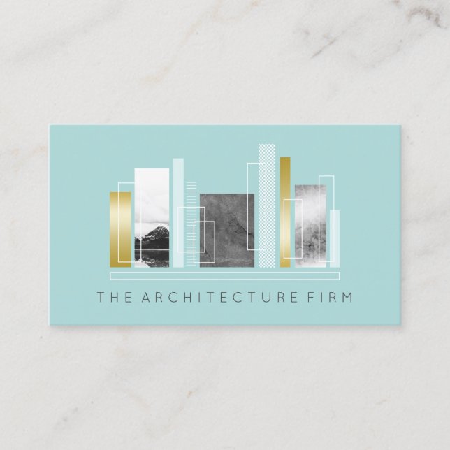 Geometric Architecture Light Teal & Faux Gold Business Card (Front)