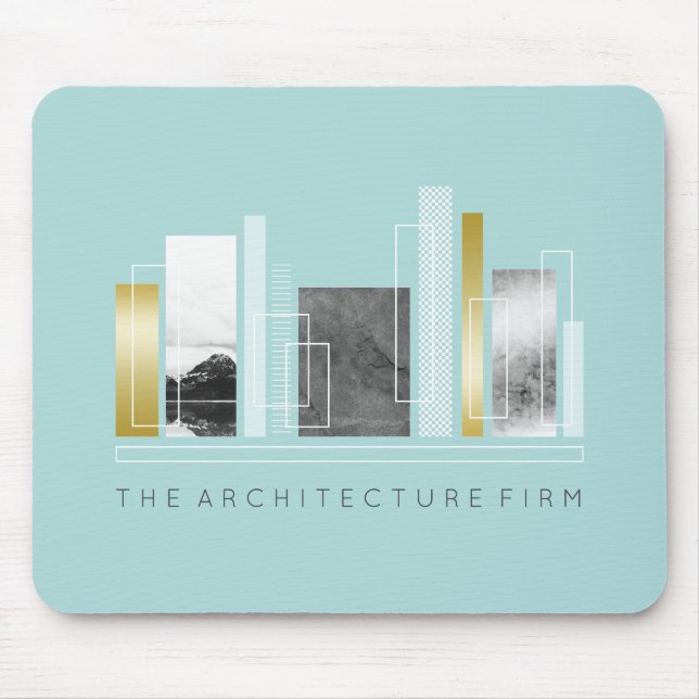 Geometric Architecture Light Teal & Faux Gold Mouse Mat (Front)
