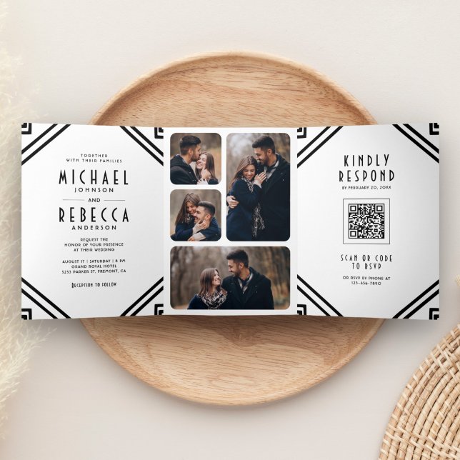 Geometric Art Deco Black and White QR Code Wedding Tri-Fold Invitation (Creator Uploaded)
