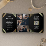 Geometric Art Deco Black Gold QR Code Wedding Tri-Fold Invitation<br><div class="desc">Amaze your guests with this modern all in one art deco theme wedding invite featuring a minimalist frame with QR Code for online RSVP. Simply add your event details on this easy-to-use template and adorn this card with your favourite photos to make it a one-of-a-kind invitation.</div>
