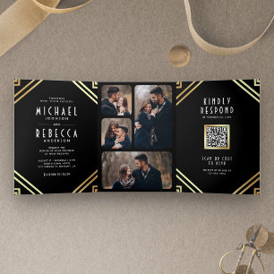 Geometric Art Deco Black Gold QR Code Wedding Tri-Fold Invitation