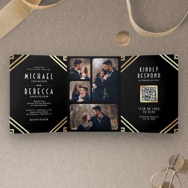 Geometric Art Deco Black Gold QR Code Wedding Tri-Fold Invitation (Creator Uploaded)