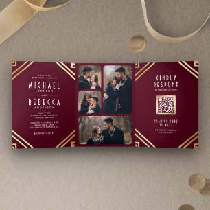 Geometric Art Deco Burgundy Gold QR Code Wedding Tri-Fold Invitation