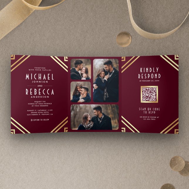Geometric Art Deco Burgundy Gold QR Code Wedding Tri-Fold Invitation (Creator Uploaded)