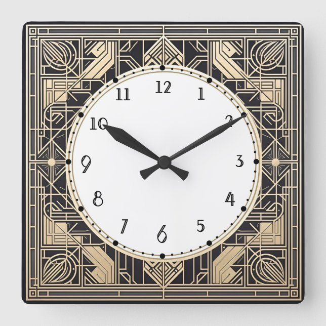 Geometric Art Deco Clock Black cream gold line art (Front)