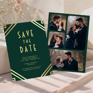 Geometric Art Deco Emerald Gold Photo Wedding Save The Date