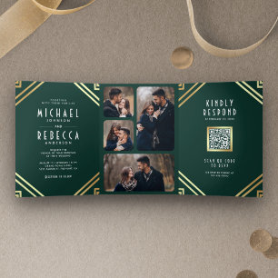 Geometric Art Deco Emerald Gold QR Code Wedding Tri-Fold Invitation