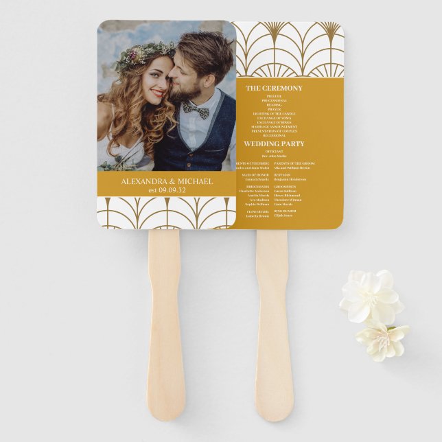 Geometric Art Deco Gold White Gatsby Wedding Hand Fan (Front and Back)