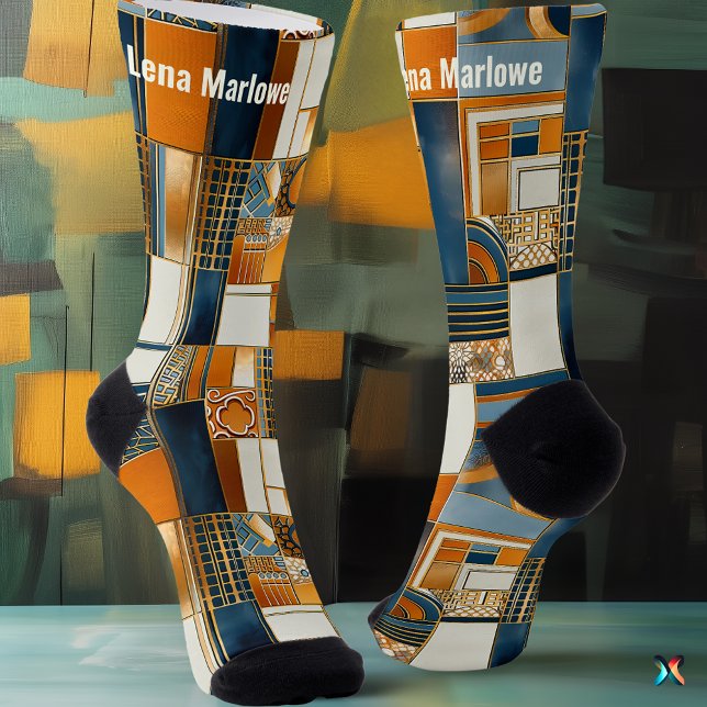 Geometric Art Deco patchwork in Blue and Gold Socks (Creator Uploaded)