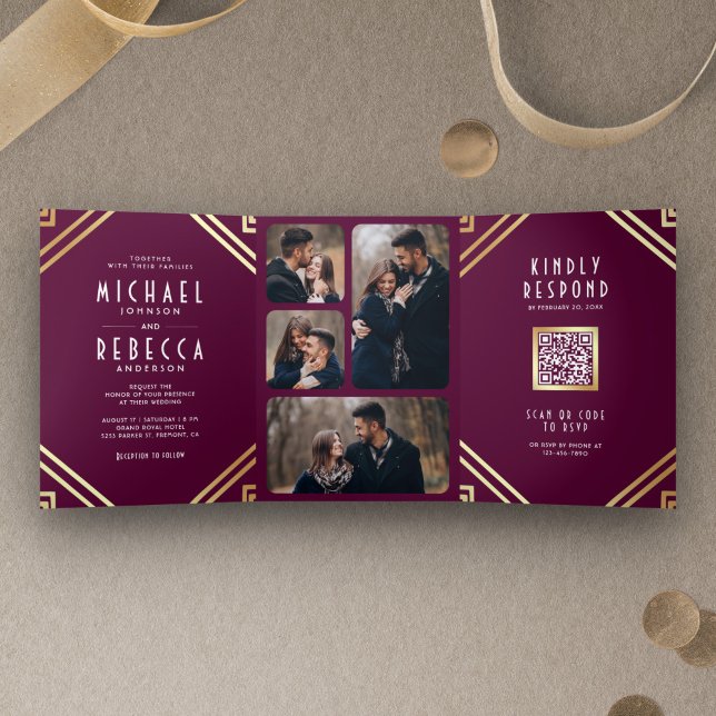 Geometric Art Deco Plum Gold QR Code Wedding Tri-Fold Invitation (Creator Uploaded)