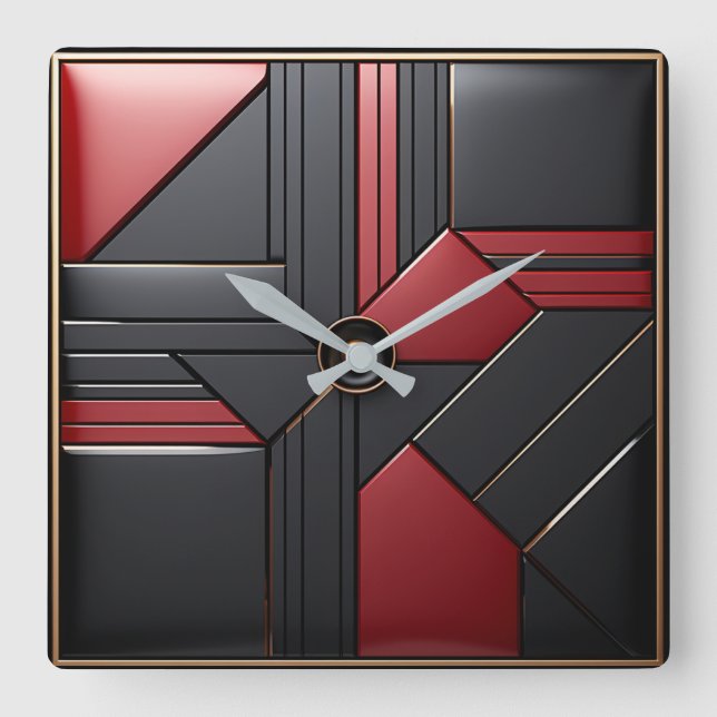 Geometric Art Deco Red Black Elegant Square Wall Clock (Front)