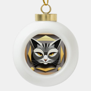 Geometric Art of a Stylised Cat Abstract Design Ceramic Ball Christmas Ornament