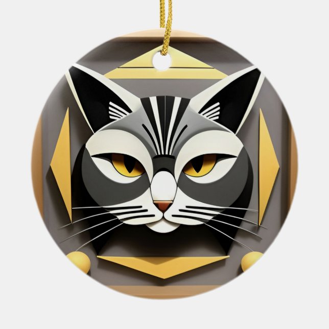 Geometric Art of a Stylised Cat Abstract Design Ceramic Tree Decoration (Front)