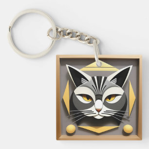 Geometric Art of a Stylised Cat Abstract Design Key Ring