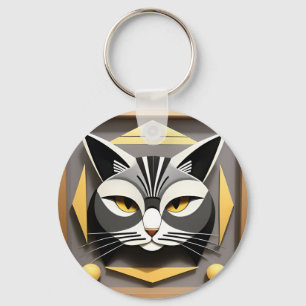 Geometric Art of a Stylised Cat Abstract Design Key Ring