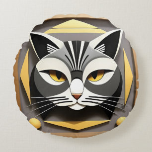 Geometric Art of a Stylised Cat Abstract Design Round Cushion