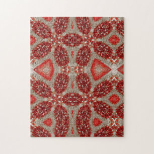Geometric art scarlet ruby leaves on snow jigsaw puzzle