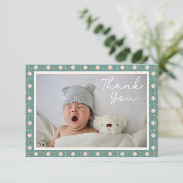 Geometric Art Teal Two Photo Baby Shower Message Thank You Card (Standing Front)