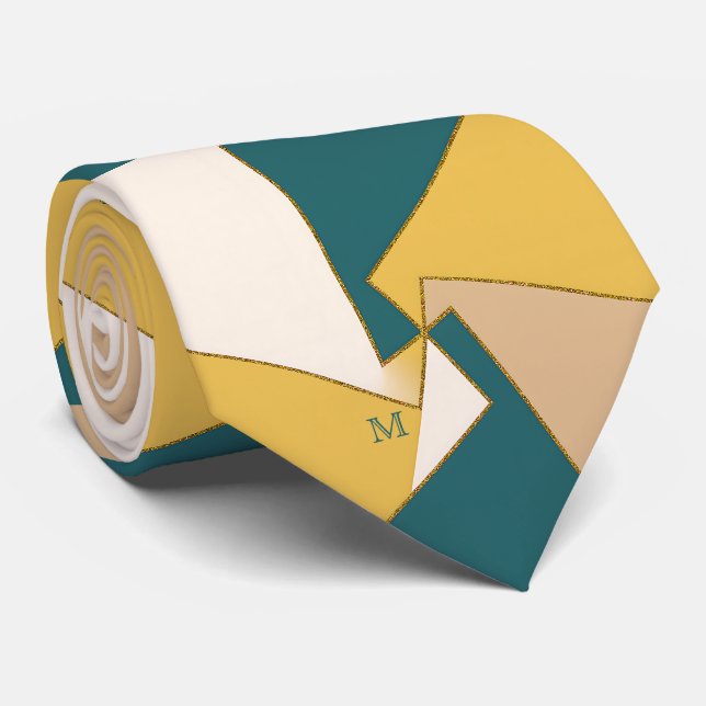 Geometric Artistic Modern Teal Gold Ivory Monogram Tie (Rolled)