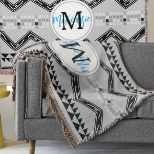 Geometric Aztec Black and Grey Monogram Pattern Throw Blanket
