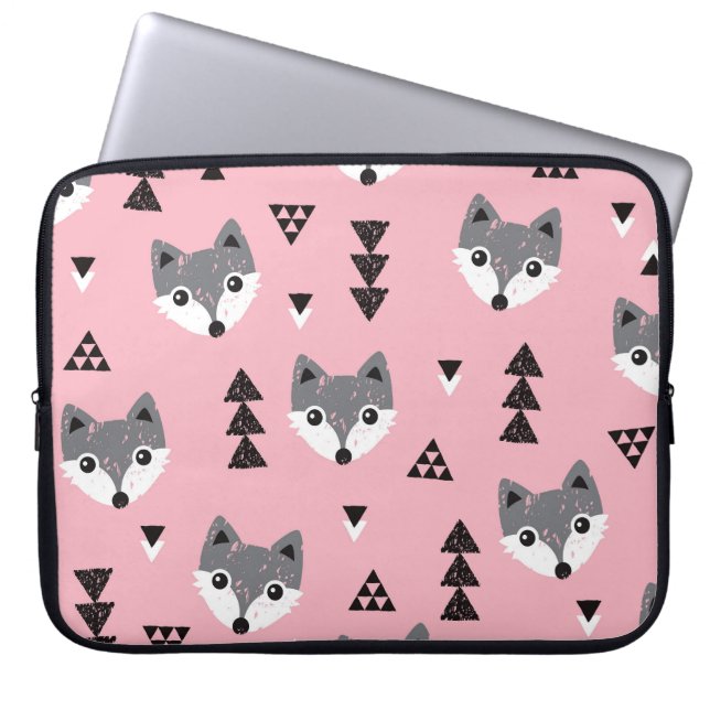 Geometric Baby Fox Woodland Pattern Laptop Sleeve (Front)
