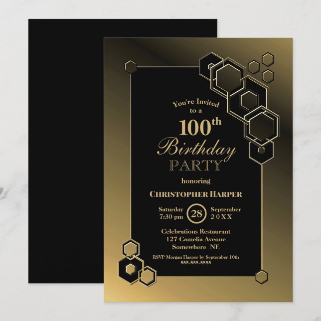 Geometric Black and Gold 100th Birthday Party Invitation (Front/Back)