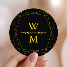 Geometric Black and Gold Monogram Wedding Favor