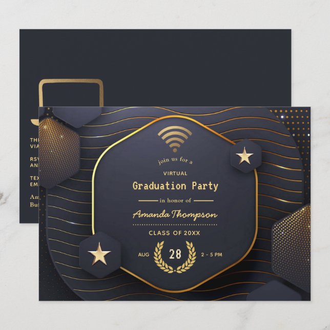 Geometric Black and Gold Virtual Graduation Party Invitation (Front/Back)