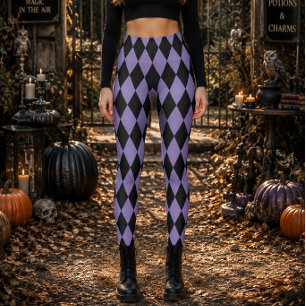 Geometric Black and Purple Diamond Halloween Leggings